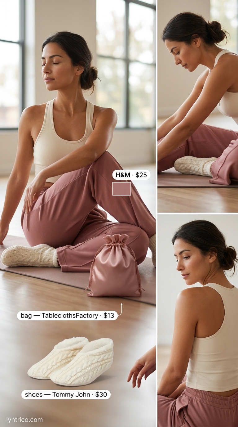 Muted rose wide-leg pants & cream socks for restorative yoga, part of summer yoga activewear 2026.