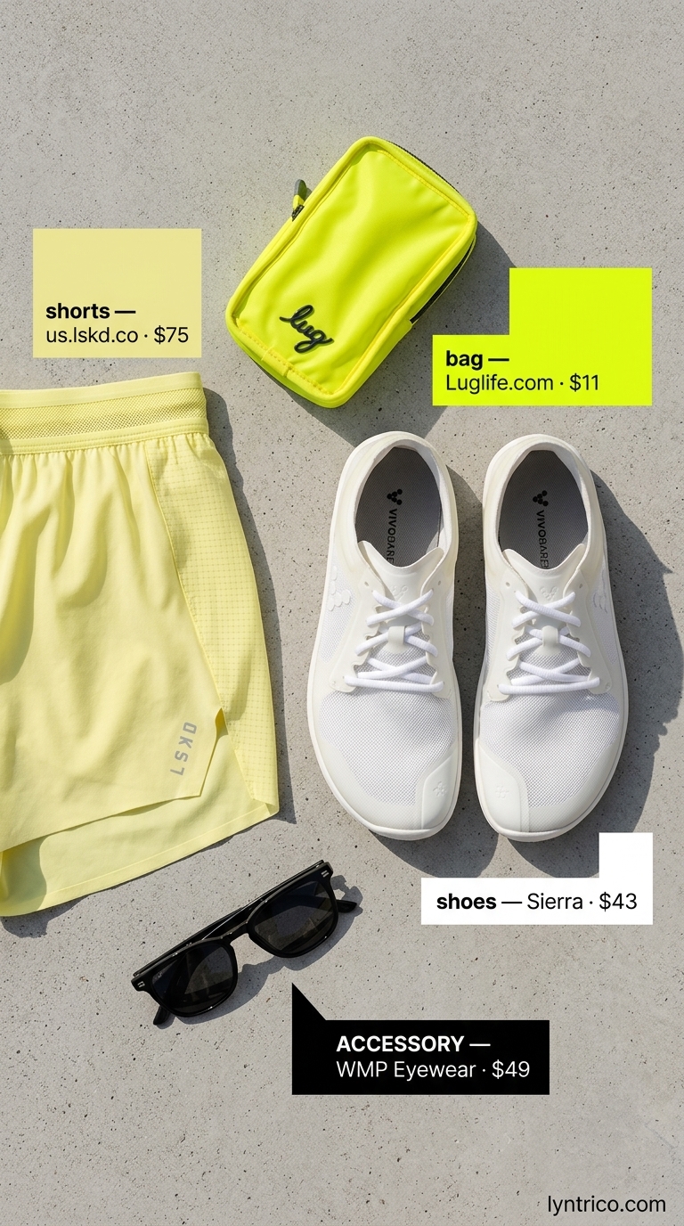 Mustard yellow running shorts & minimalist shoes for summer yoga activewear 2026 jogging.