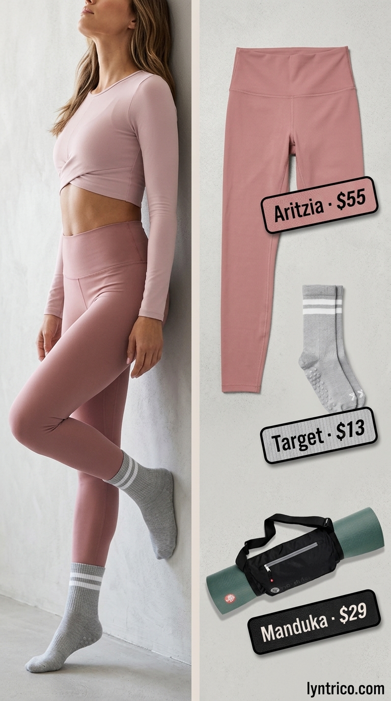 Dusty rose yoga leggings and light grey grippy socks for summer activewear 2026. Perfect for calm studio workouts.