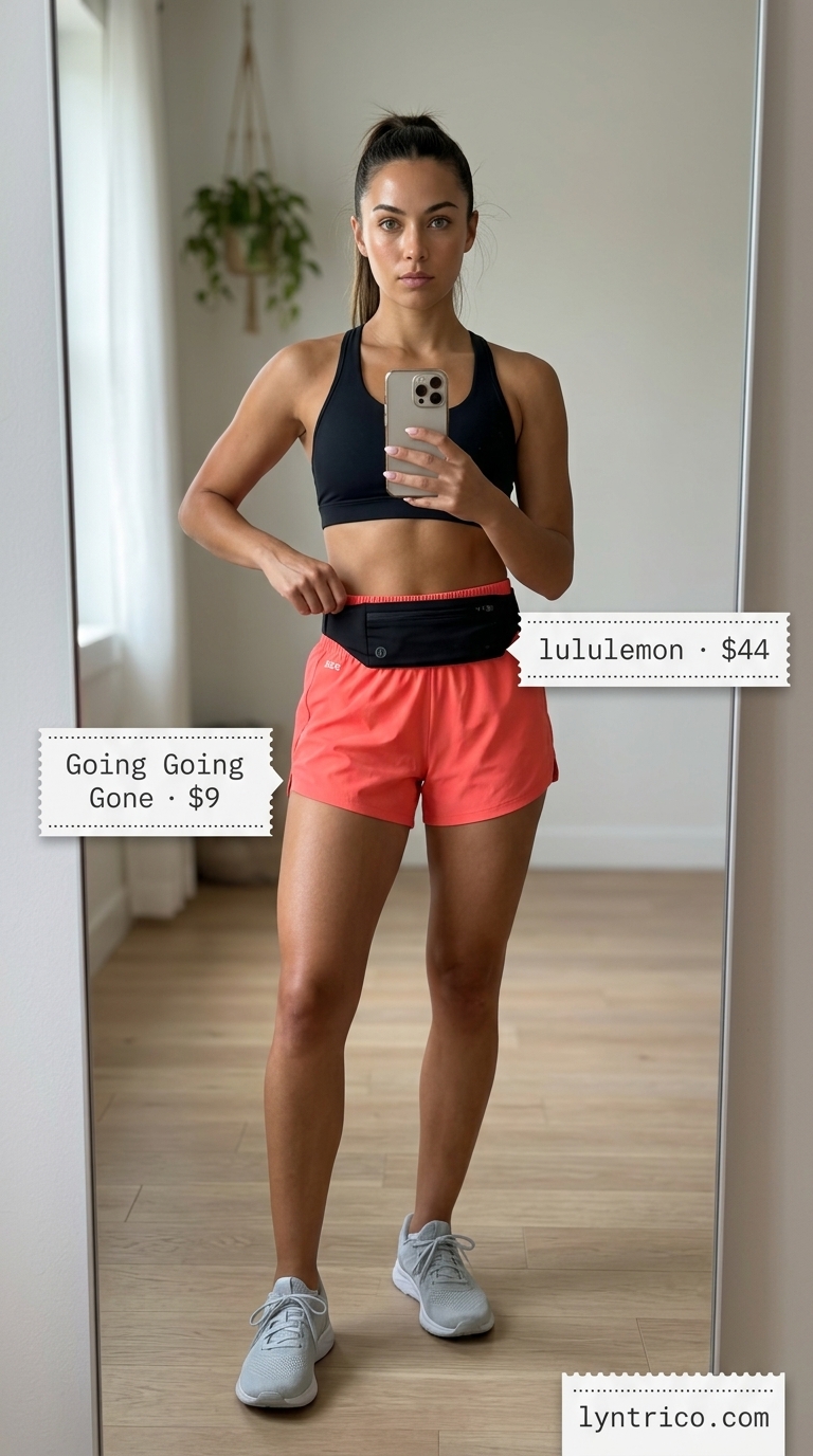 Coral running shorts and black belt for summer activewear 2026. Dynamic outfit for running and outdoor workouts.