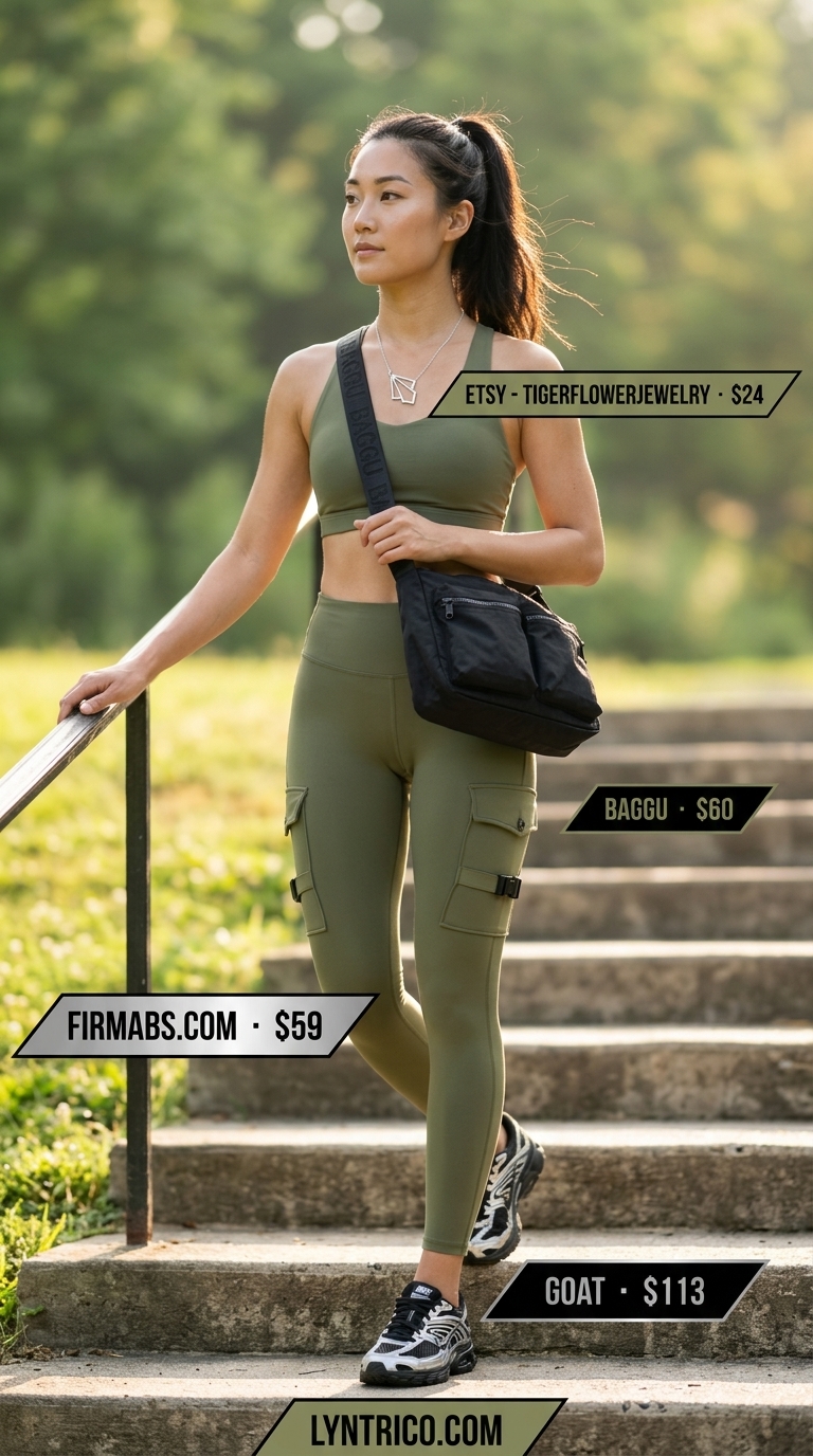Olive green cargo leggings and chunky sneakers for summer activewear 2026. Edgy urban exploration outfit.