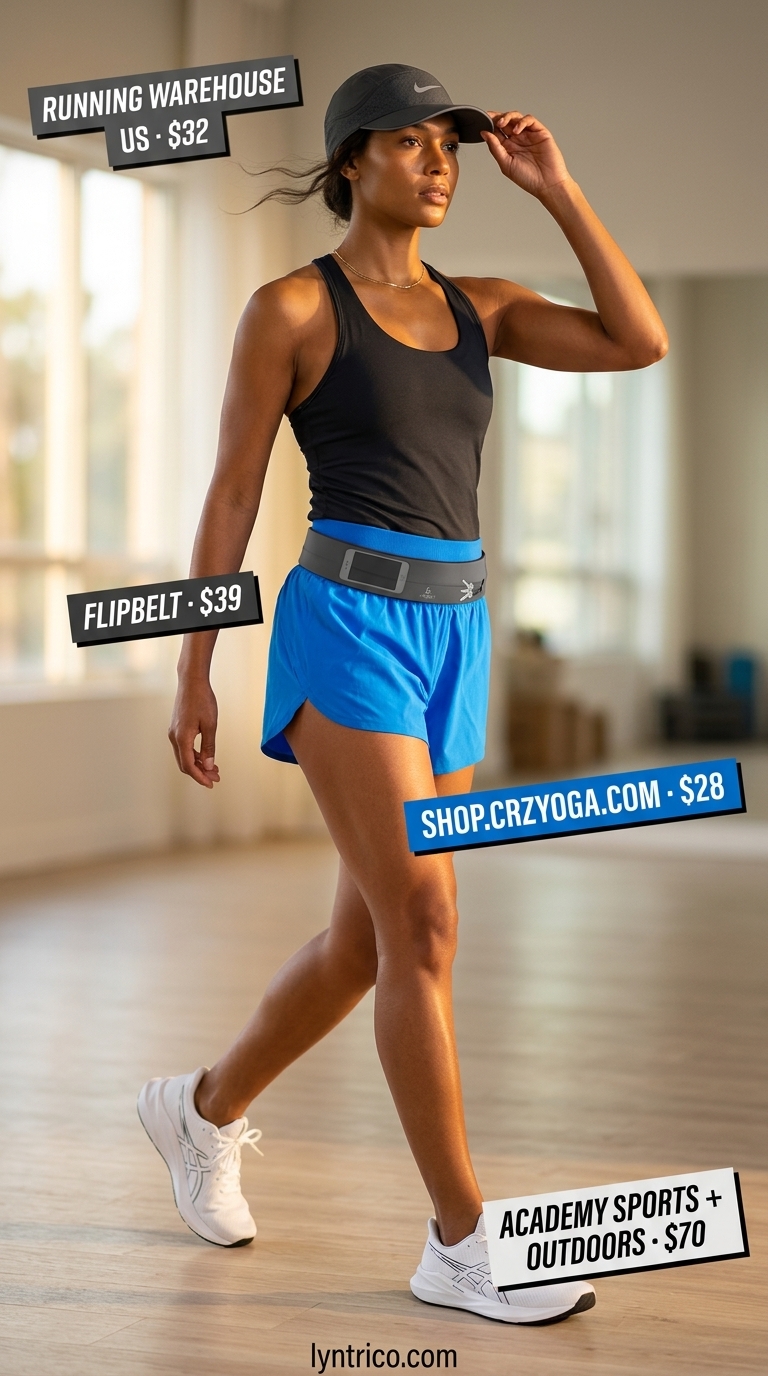 Electric blue running shorts and white sneakers for summer yoga activewear 2026. Perfect for outdoor workouts.