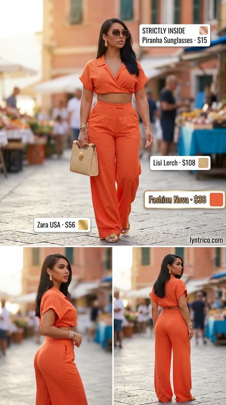 Sunset Co-ord Summer Vacation 2026 Sunset co-ord outfit inspo summer for women 2026: Orange linen set, gold sunglasses, metallic sandals, straw clutch.