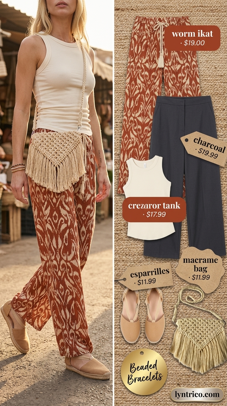 Tall women summer wide leg outfits 2026: Rust abstract print pants, cream tank, macrame bag for festivals.