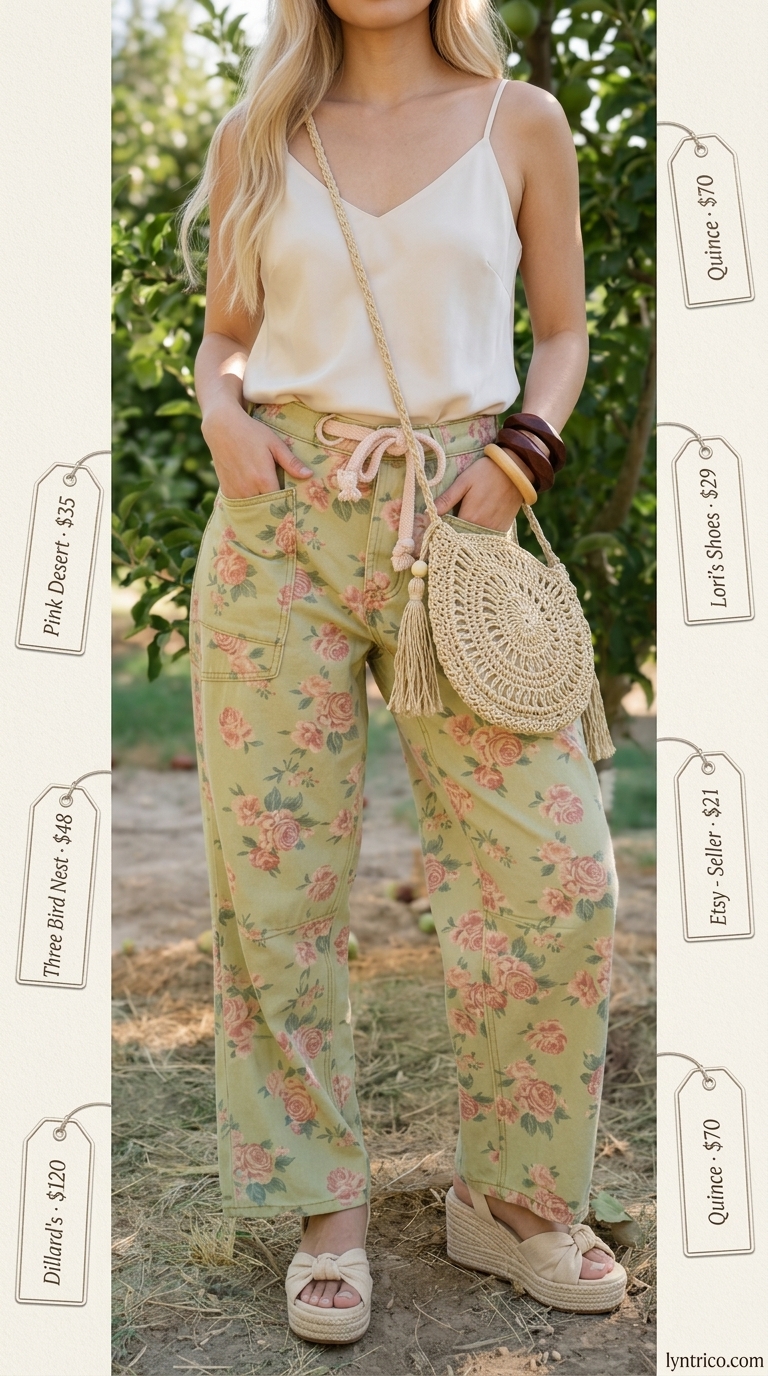 Tall women summer wide leg outfits 2026: Boho floral wide leg pants, cream cami, and espadrille wedges for garden party.