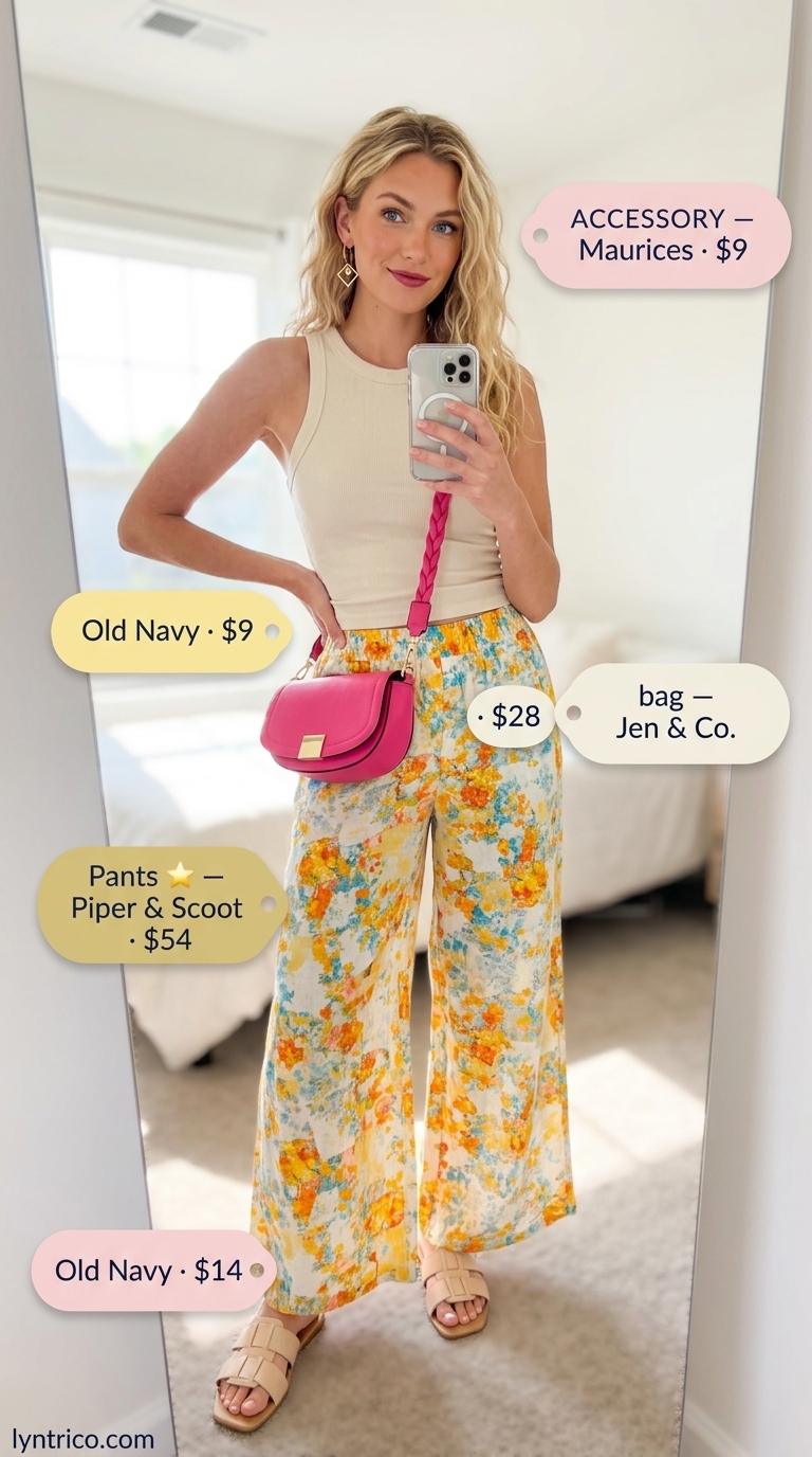 Tall women summer wide leg outfits 2026: Floral wide leg pants, white crop top, pink bag for brunch.