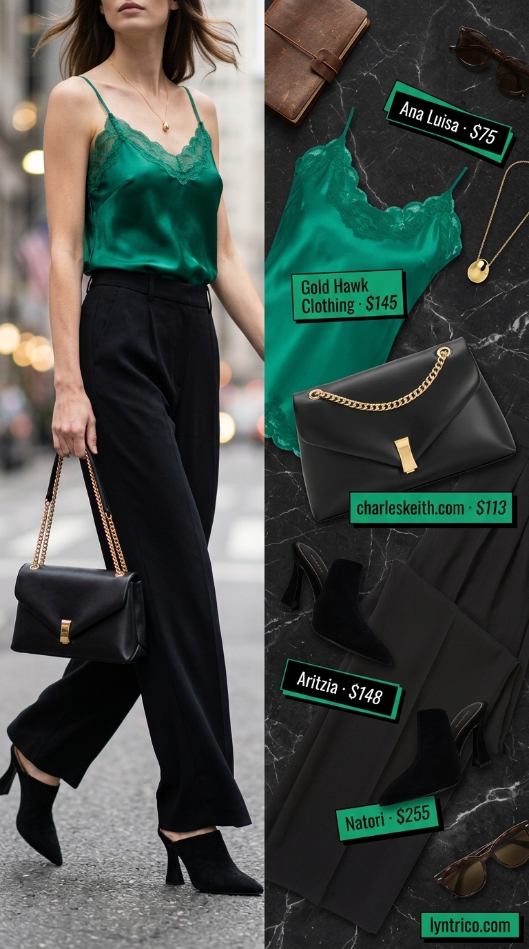 Tall women summer wide leg outfits 2026: Black wide-leg trousers, emerald silk cami, suede mules for city chic.