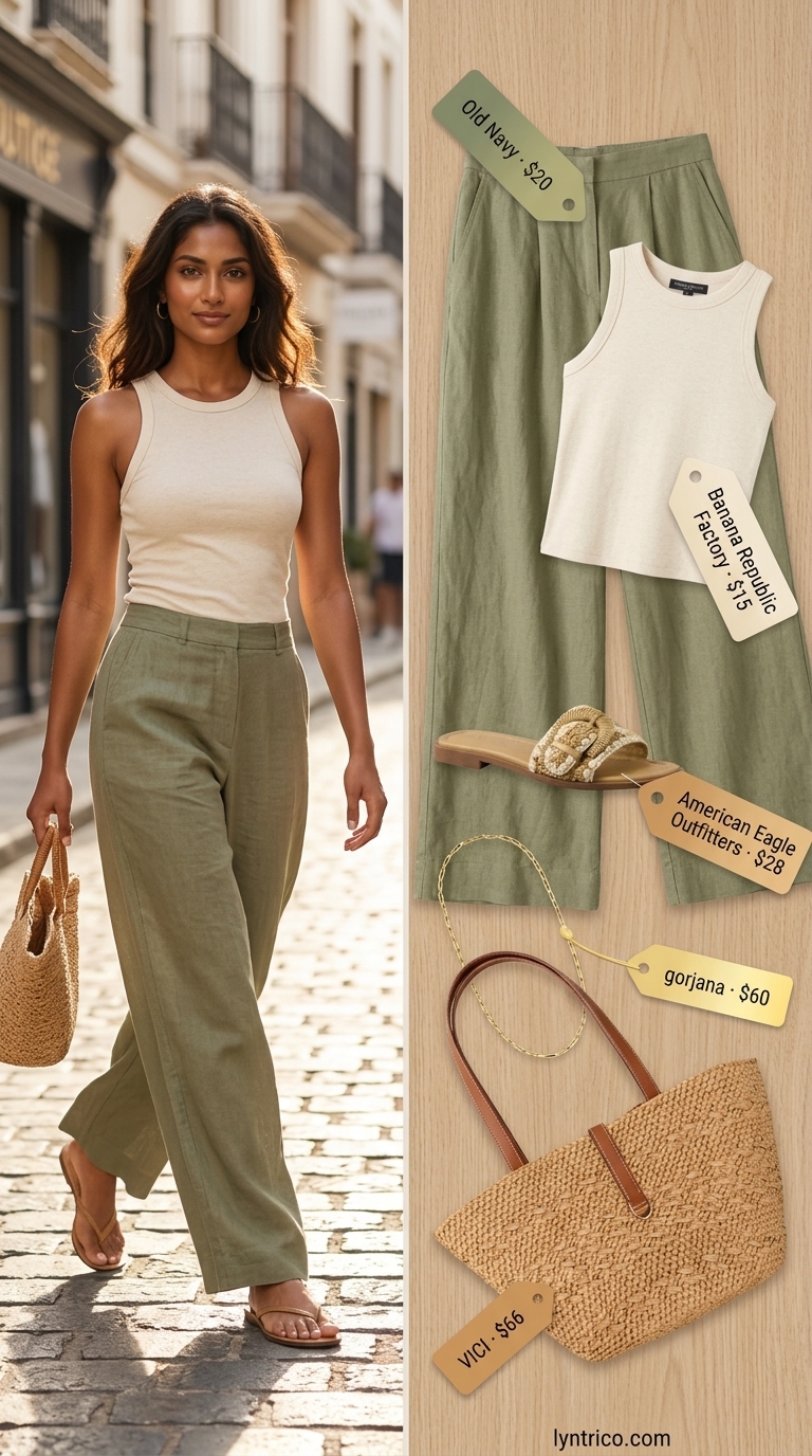 Tall women summer wide leg outfits 2026: Sage green linen pants, cream tank, straw tote for beach vacations.