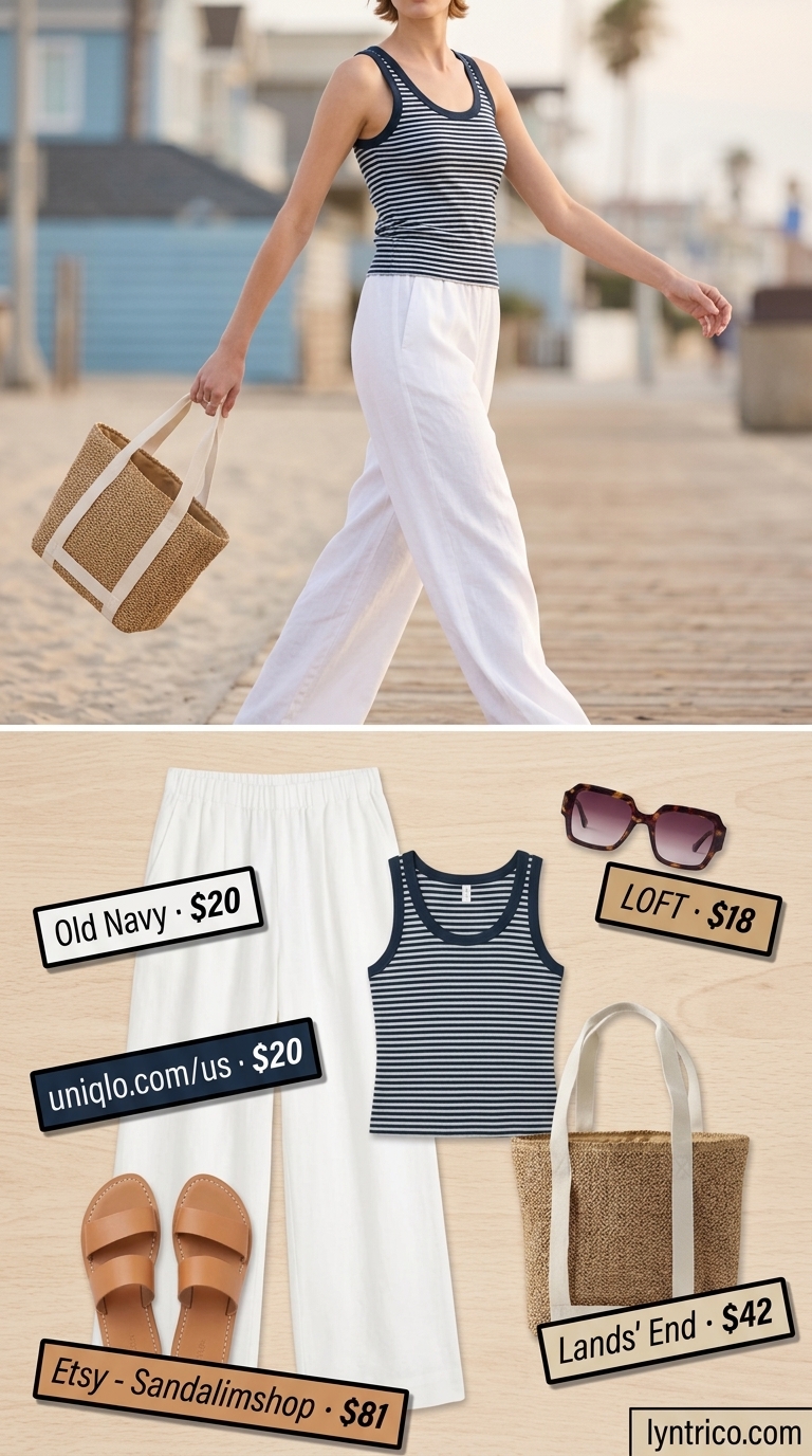 Tall women summer wide leg outfits 2026: White linen pants, navy stripe tank, straw tote for coastal chic.