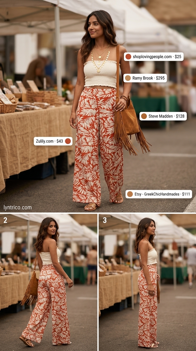 Tall women summer wide leg outfits 2026: Terracotta floral wide leg pants, ivory tube top, and fringe bag for festival.