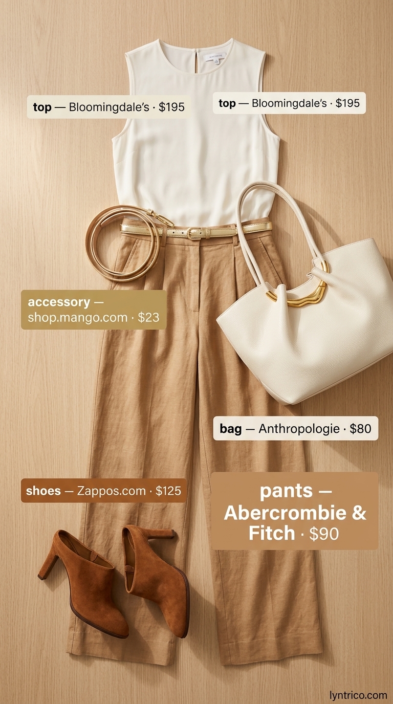 Tall women summer wide leg outfits 2026: Tan linen wide-leg pants, silk blouse, heeled mules for smart casual.