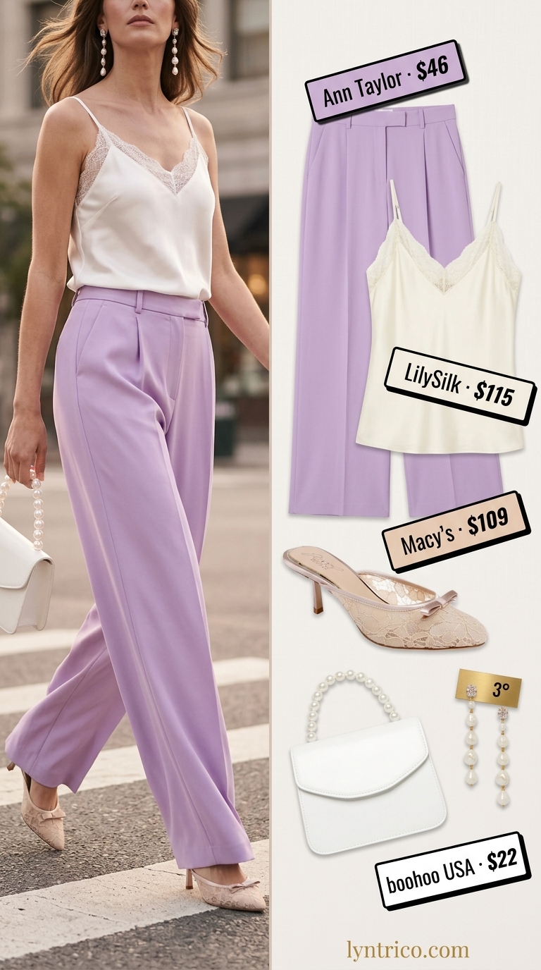 Tall women summer wide leg outfits 2026: Lavender pleated wide leg trousers, white camisole, and pearl earrings for garden party.