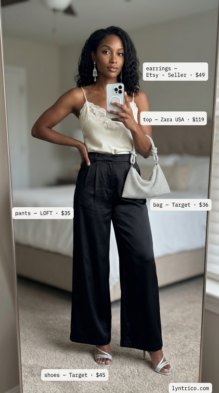 Tall women summer wide leg outfits 2026: Black flowing pants, ivory cami, silver heels for evening galas.