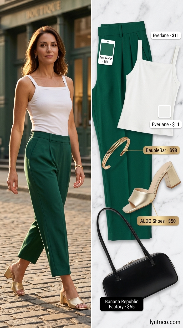 Tall women summer wide leg outfits 2026: Teal cropped pants, white top, gold heels for art gallery events.