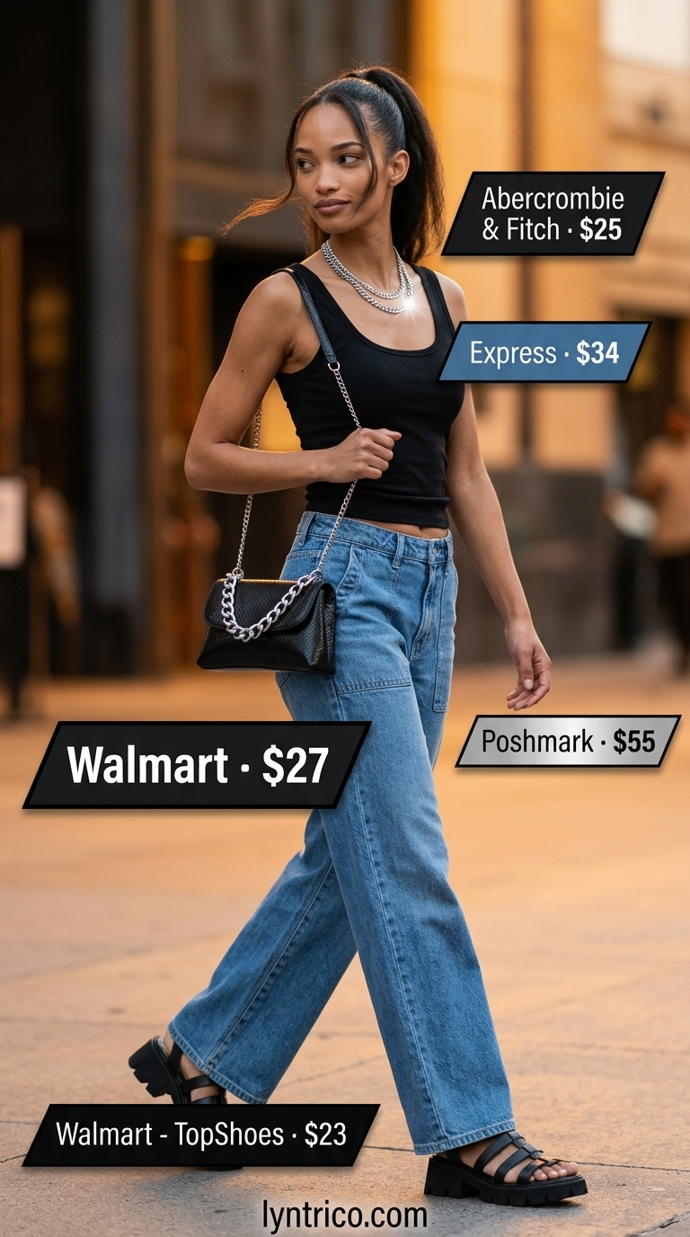 Tall women summer wide leg outfits 2026: Khaki utility wide leg pants, black tank, and platform sandals for modern utility.