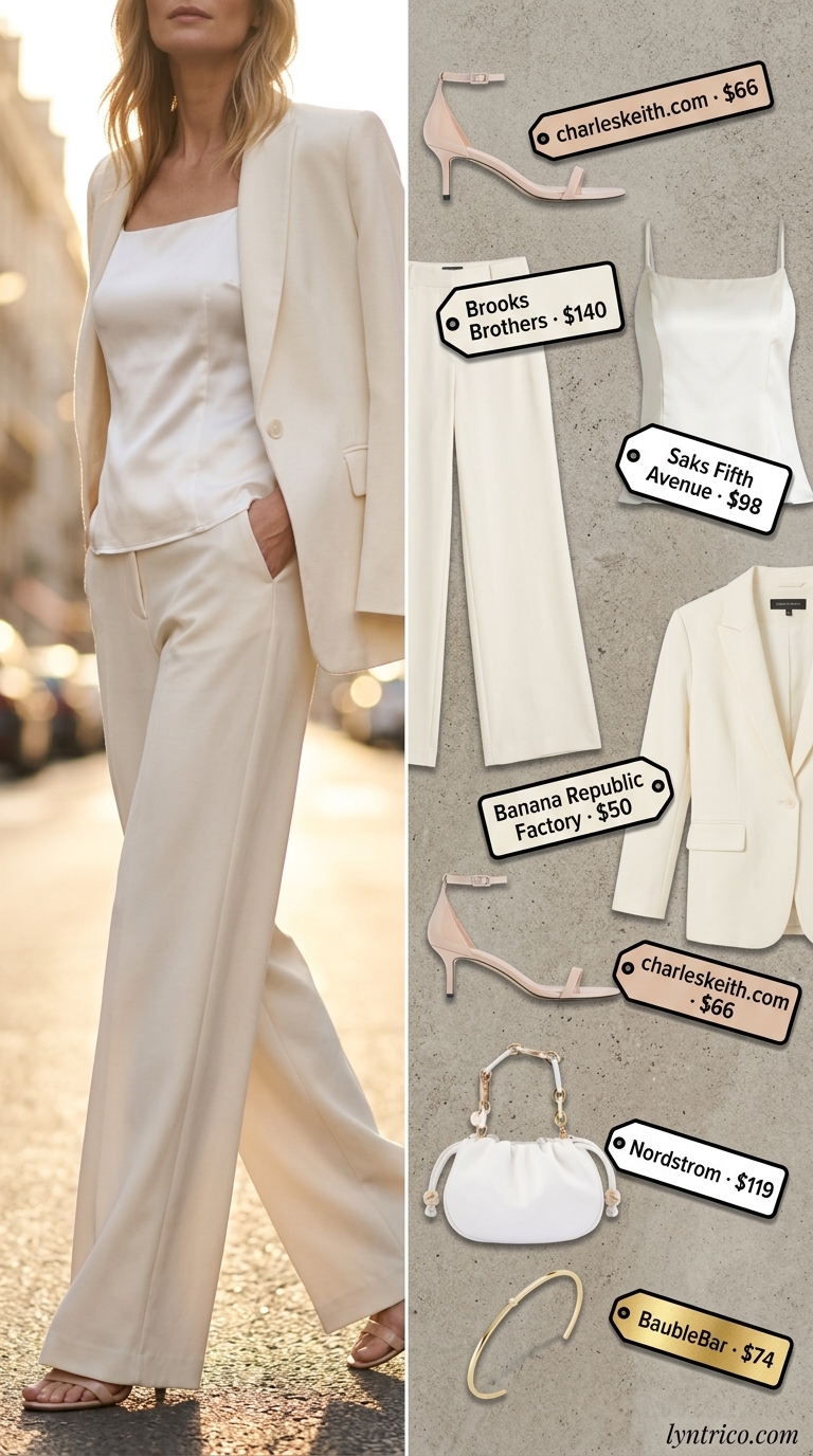 Tall women summer wide leg outfits 2026: Chic white wide-leg trousers, satin top, and nude heels for a summer party.