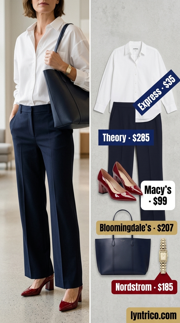 Tall women summer wide leg outfits 2026: Navy wide leg trousers, white button-down, and red pumps for office.