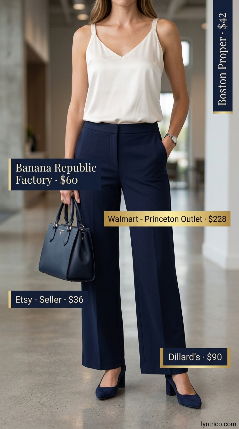 Tall women summer wide leg outfits 2026: Navy wide leg trousers, ivory silk blouse, and silver heels for office.