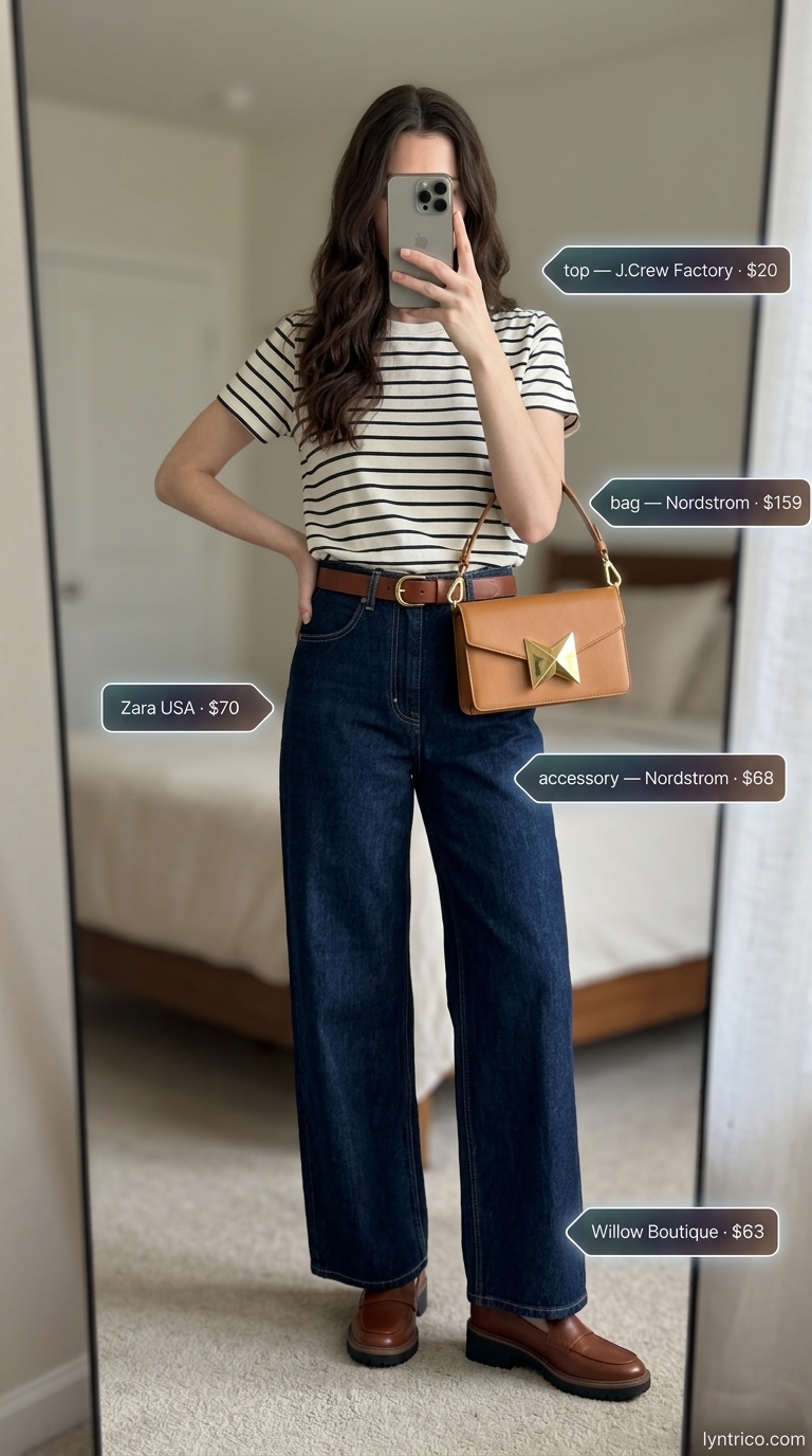Tall women summer wide leg outfits 2026: Dark wash wide leg jeans, Breton top, loafers for casual strolls.