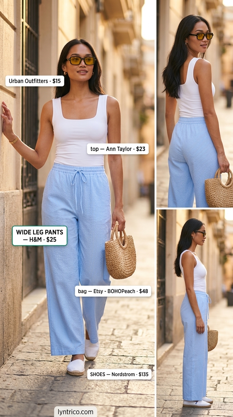 Tall women summer wide leg outfits 2026: Pastel blue seersucker pants, white knit top, straw bag for vacation.