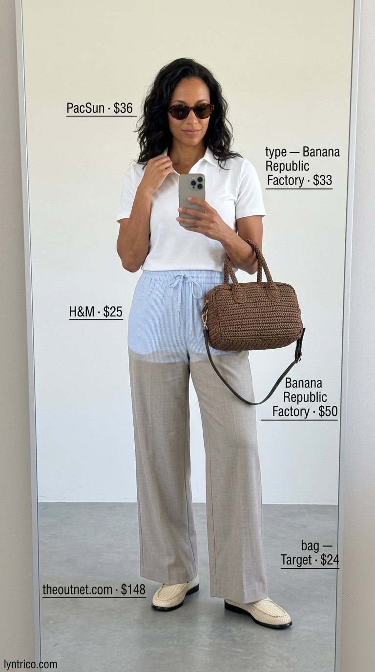 Tall women summer wide leg outfits 2026: Preppy blue seersucker pants, white polo, beige loafers for a lakeside lunch.