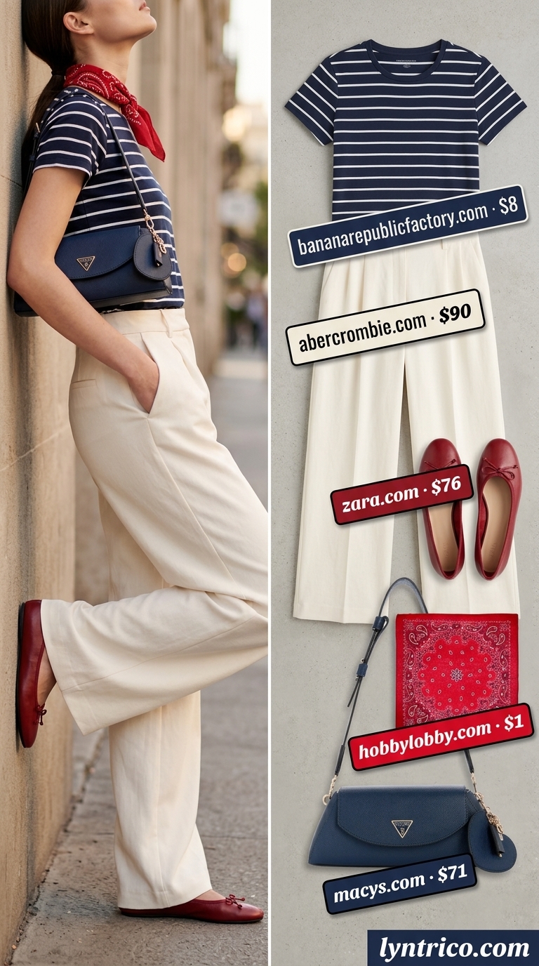 Tall women summer wide leg outfits 2026: Cream wide-leg pants, navy stripe top, red flats for a retro vibe.