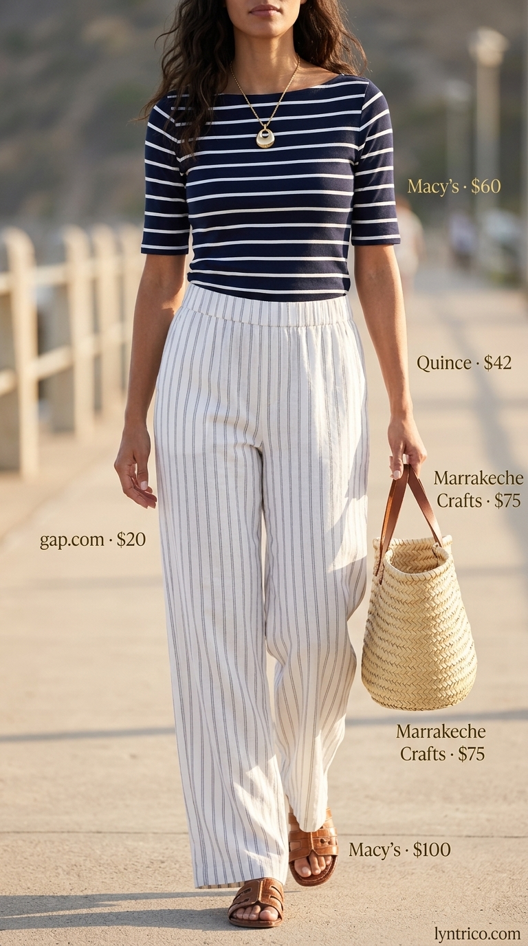 Tall women summer wide leg outfits 2026: White linen wide leg pants, striped top, and straw tote for Riviera chic.