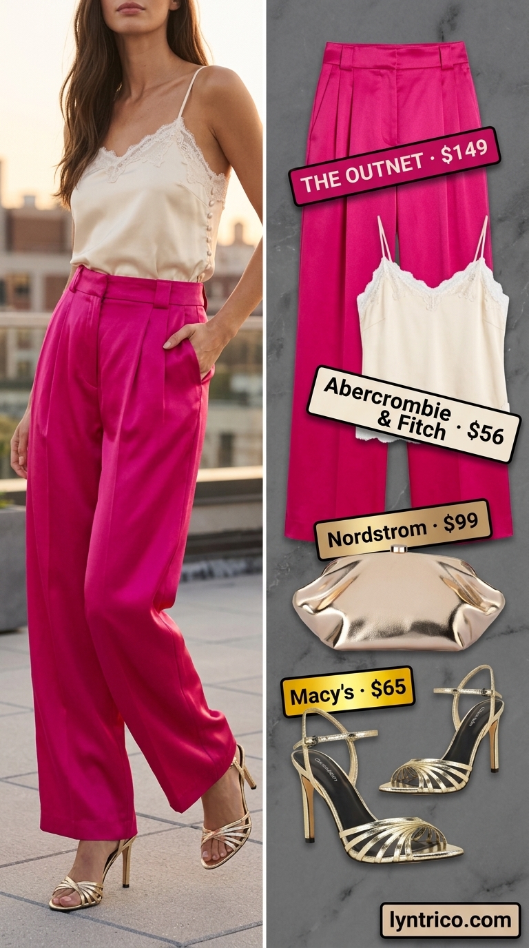 Tall women summer wide leg outfits 2026: Fuchsia satin pants, cream cami, gold sandals for cocktail parties.
