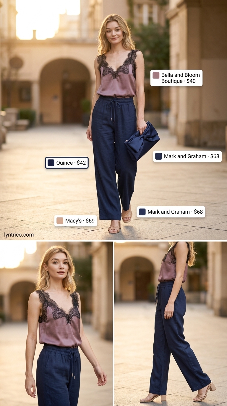 Tall women summer wide leg outfits 2026: Navy silk pants, blush cami, nude sandals for wedding guests.
