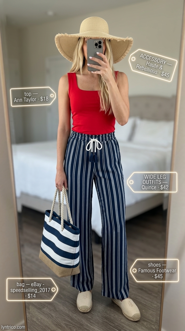 Tall women summer wide leg outfits 2026: Navy stripe pants, red tank, espadrilles for tropical resort style.