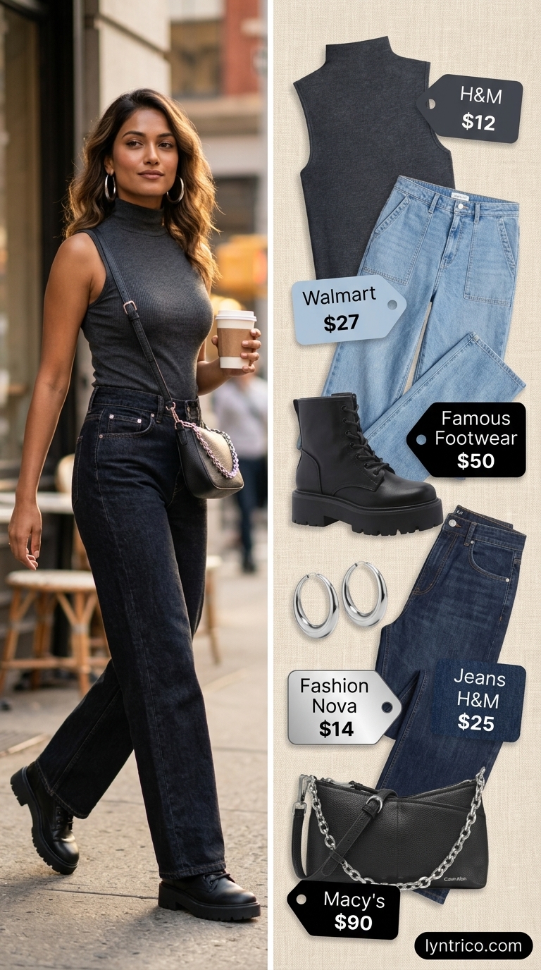 Tall women summer wide leg outfits 2026: Dark wash wide-leg jeans, charcoal mock neck top, combat boots for urban style.