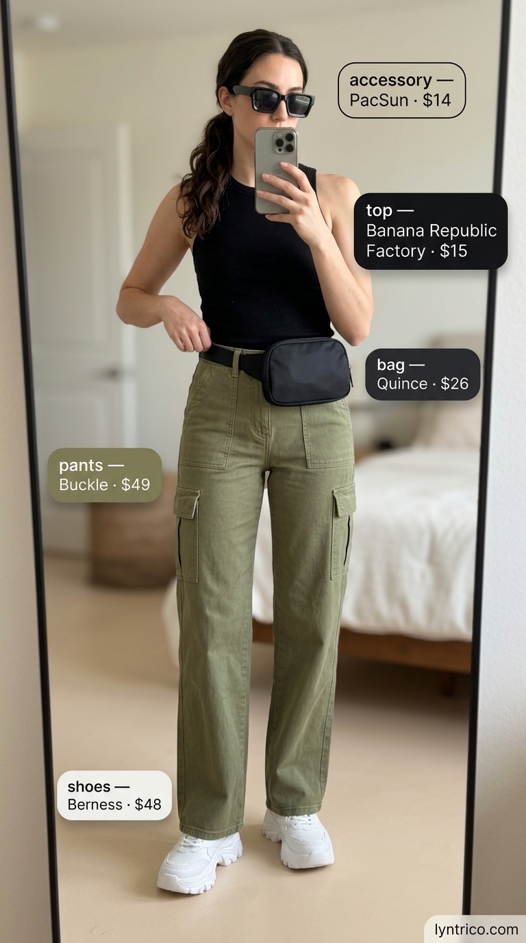 Tall women summer wide leg outfits 2026: Khaki cargo wide leg pants, black tank, and platform sneakers for urban adventure.