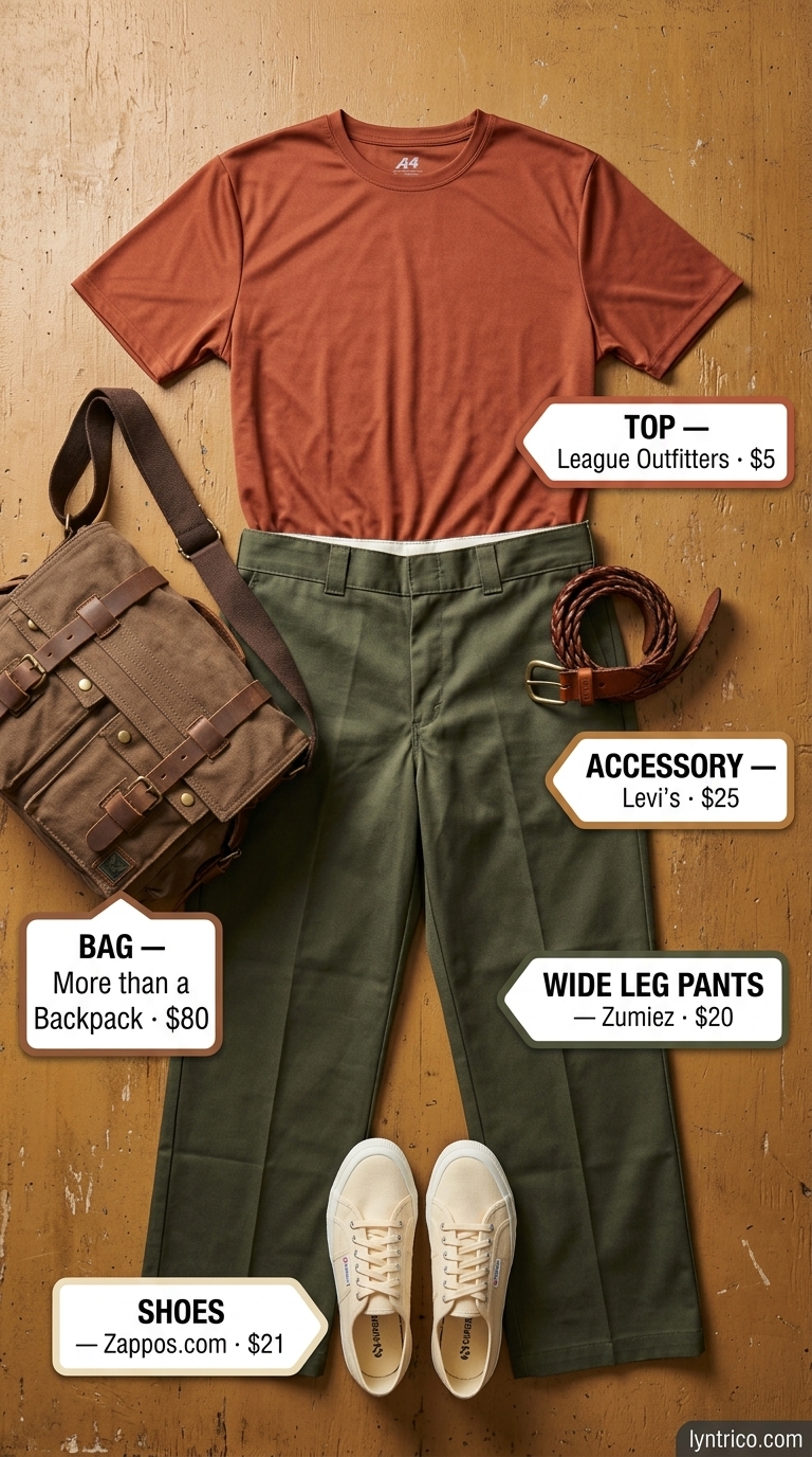 Tall women summer wide leg outfits 2026: Olive utility pants, rust tee, canvas bag for casual days.