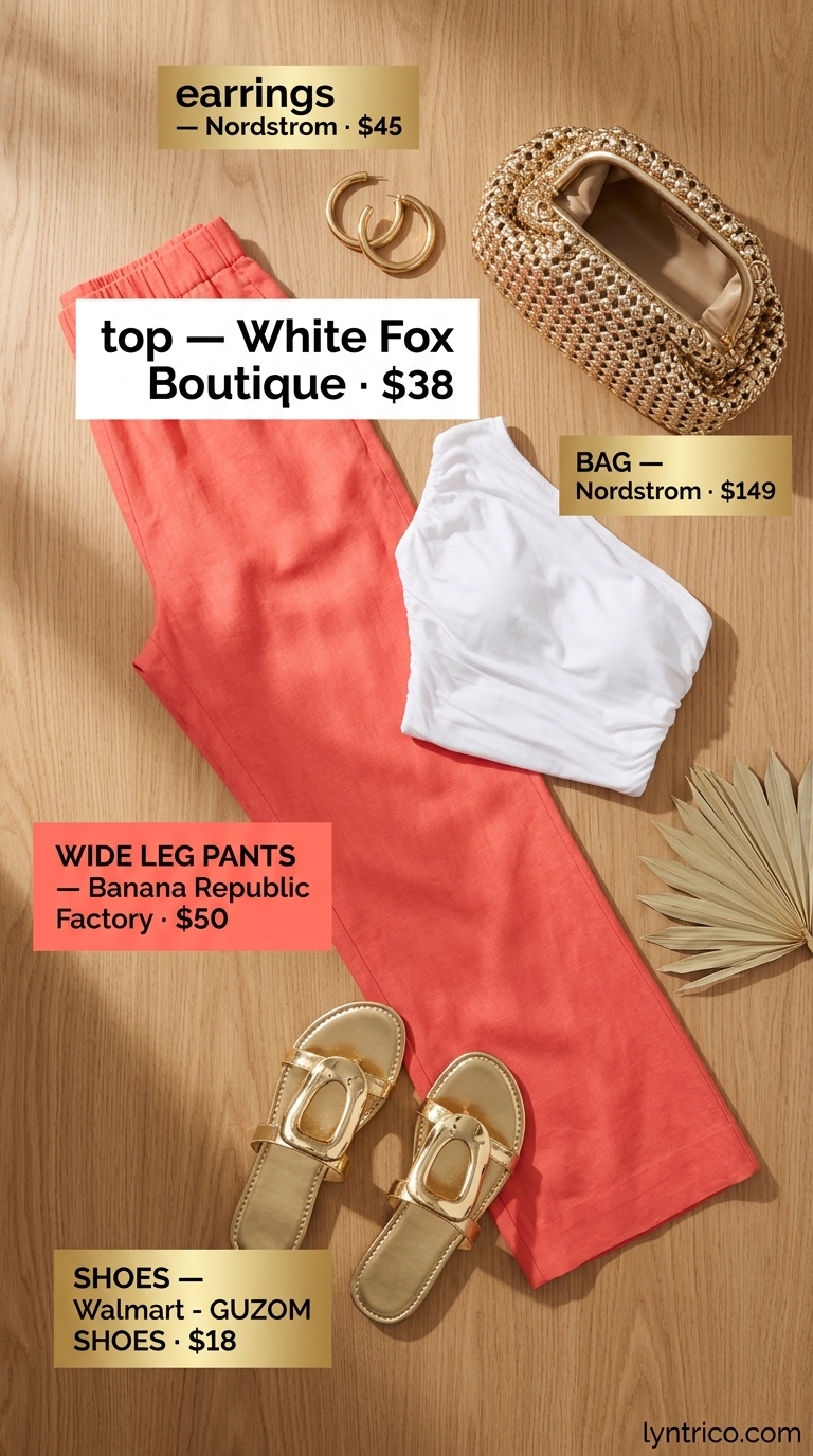 Tall women summer wide leg outfits 2026: Coral flowy pants, white crop top, metallic sandals for resort glam.