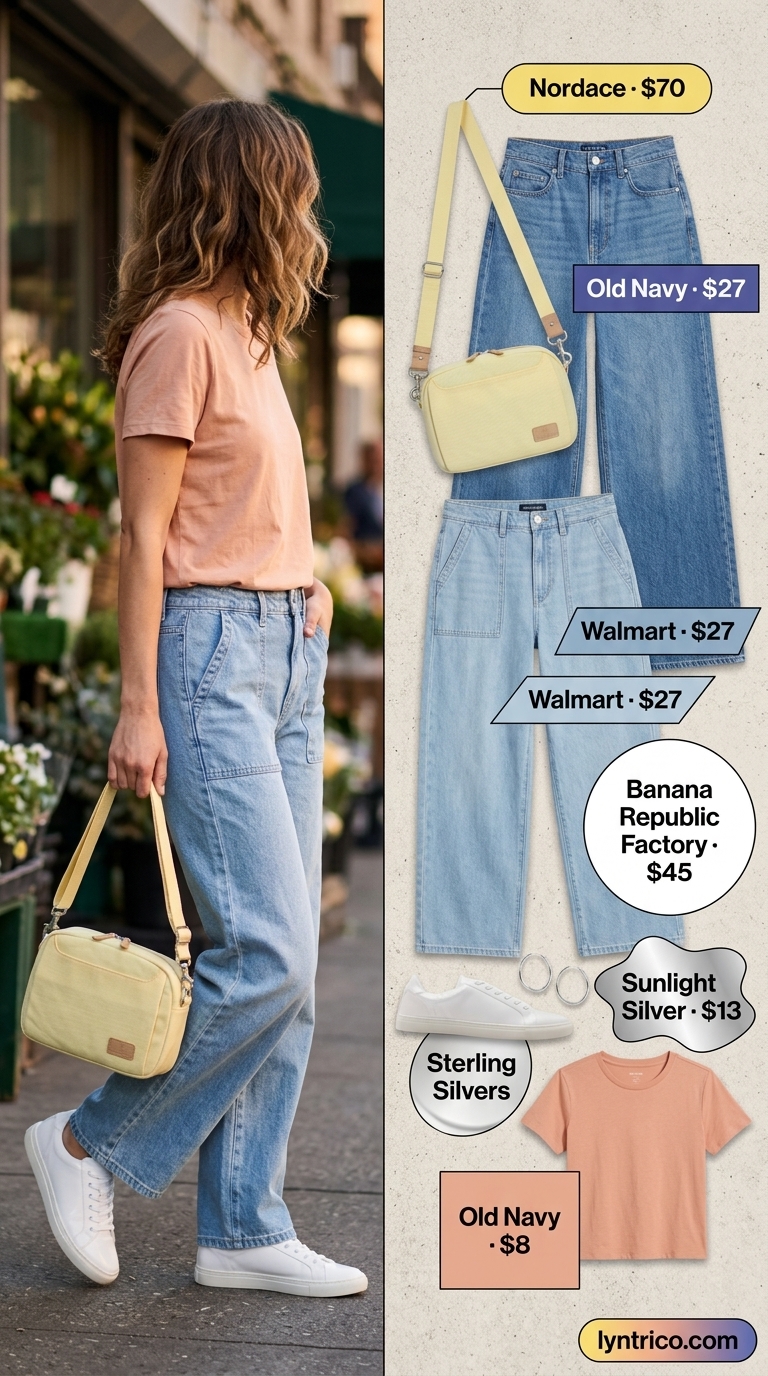 Tall women summer wide leg outfits 2026: Light wash wide leg jeans, white tee, and sneakers for weekend casual.