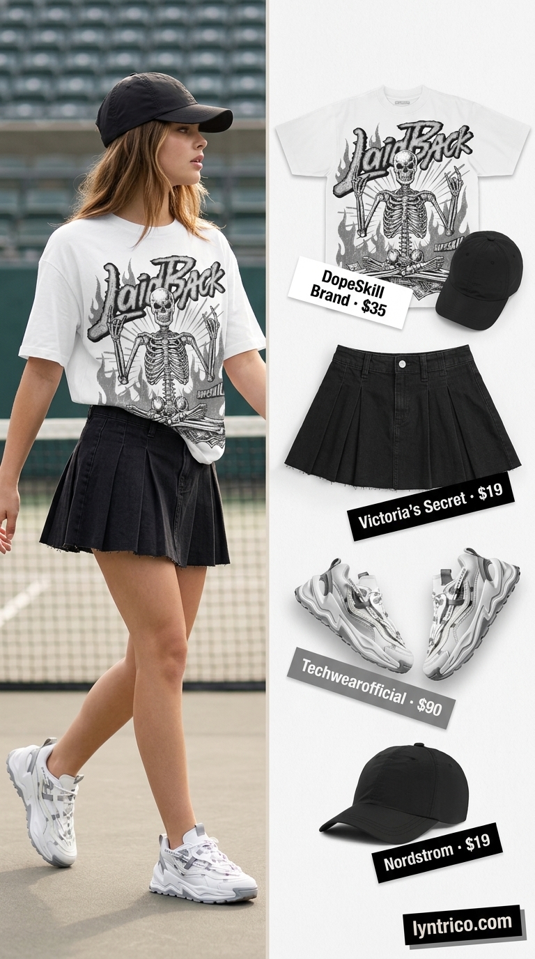 Casual athleisure outfit with a graphic tee, white tennis mini skirt, black cap, and chunky sneakers for summer 2026.