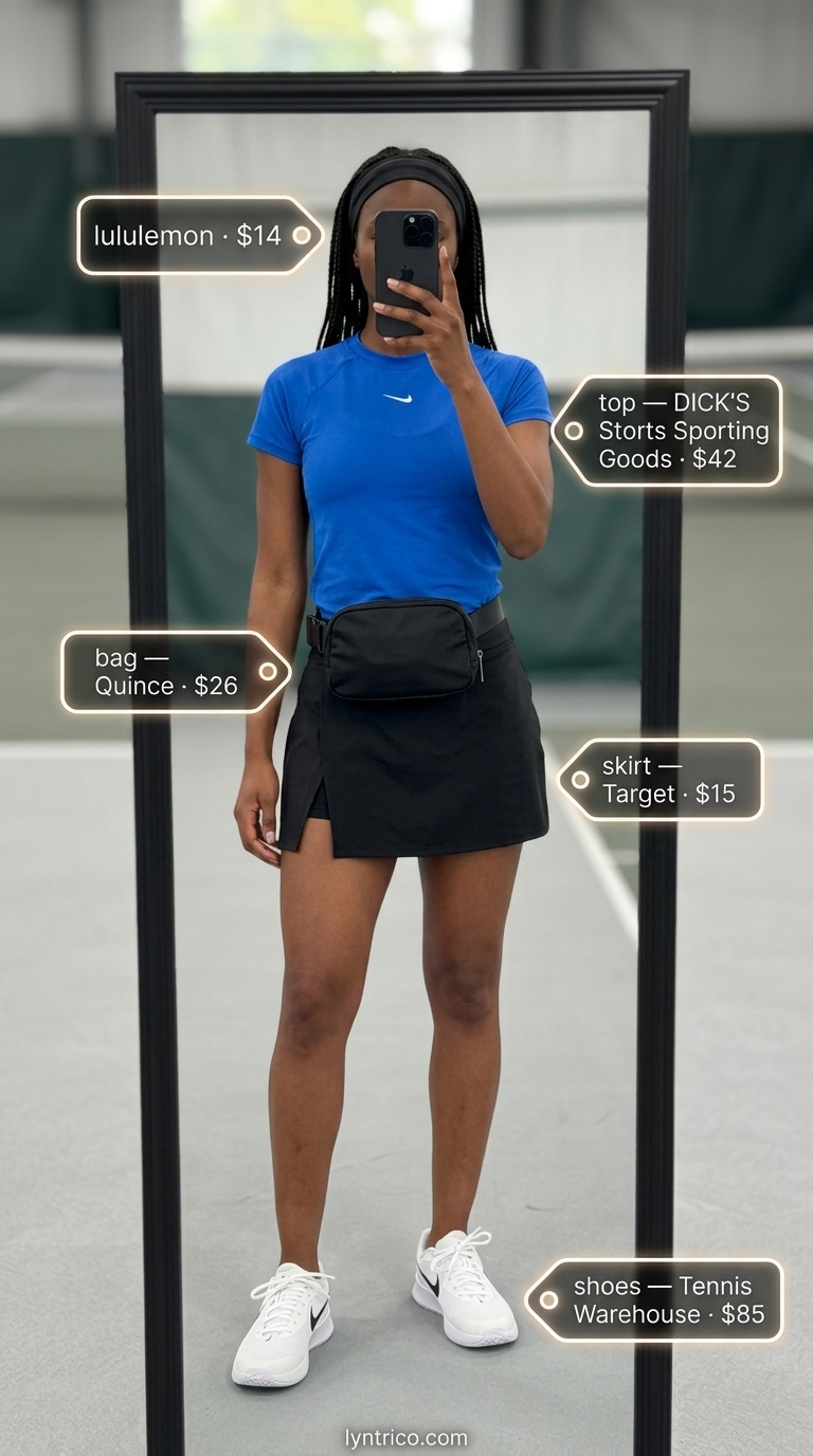 Playful athletic outfit: black athletic mini skirt, electric blue top, performance sneakers, and sporty belt bag for summer 2026.