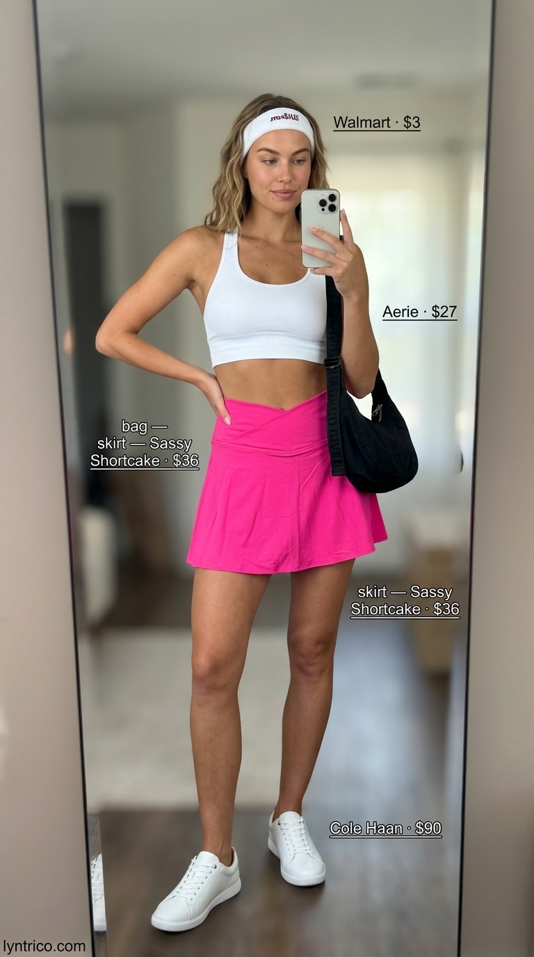 Tennis mini skirt outfits summer 2026: Hot pink athletic skirt, sports bra, sneakers for tennis.