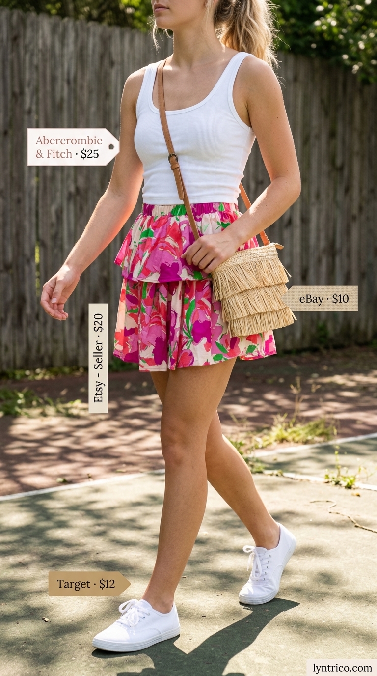 Boho floral mini skirt outfit: tiered floral skirt, white tank, canvas sneakers, straw crossbody, and layered necklaces for summer 2026.