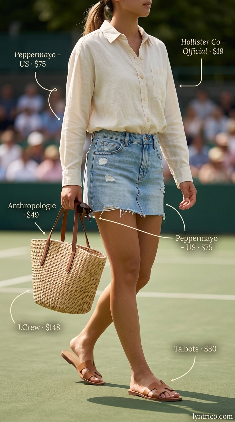 Coastal breeze outfit: light blue denim mini skirt, oversized cream linen shirt, tan slides, and straw tote for summer 2026.