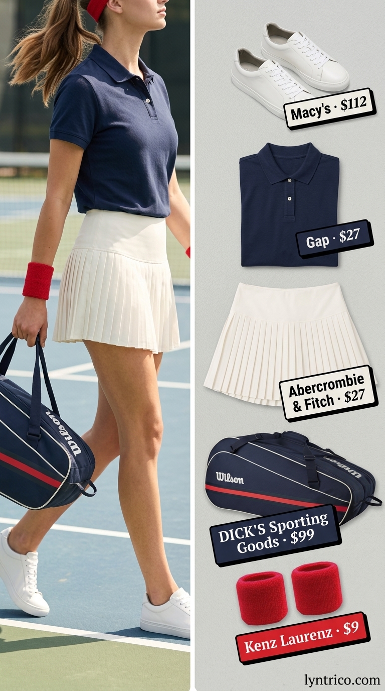 White pleated tennis mini skirt with navy polo and white sneakers for a classic court look.