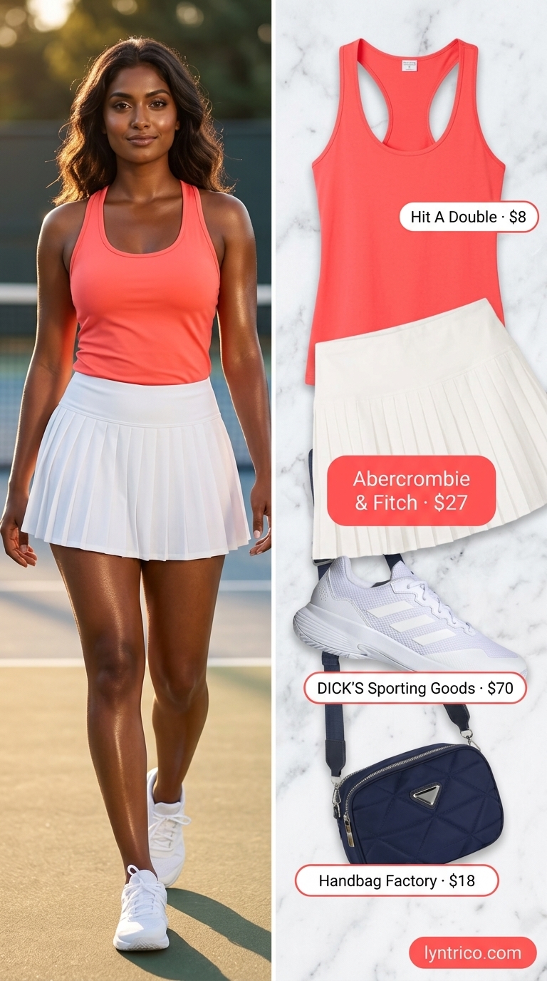 White pleated tennis mini skirt with coral tank top and white sneakers for a sporty summer look.