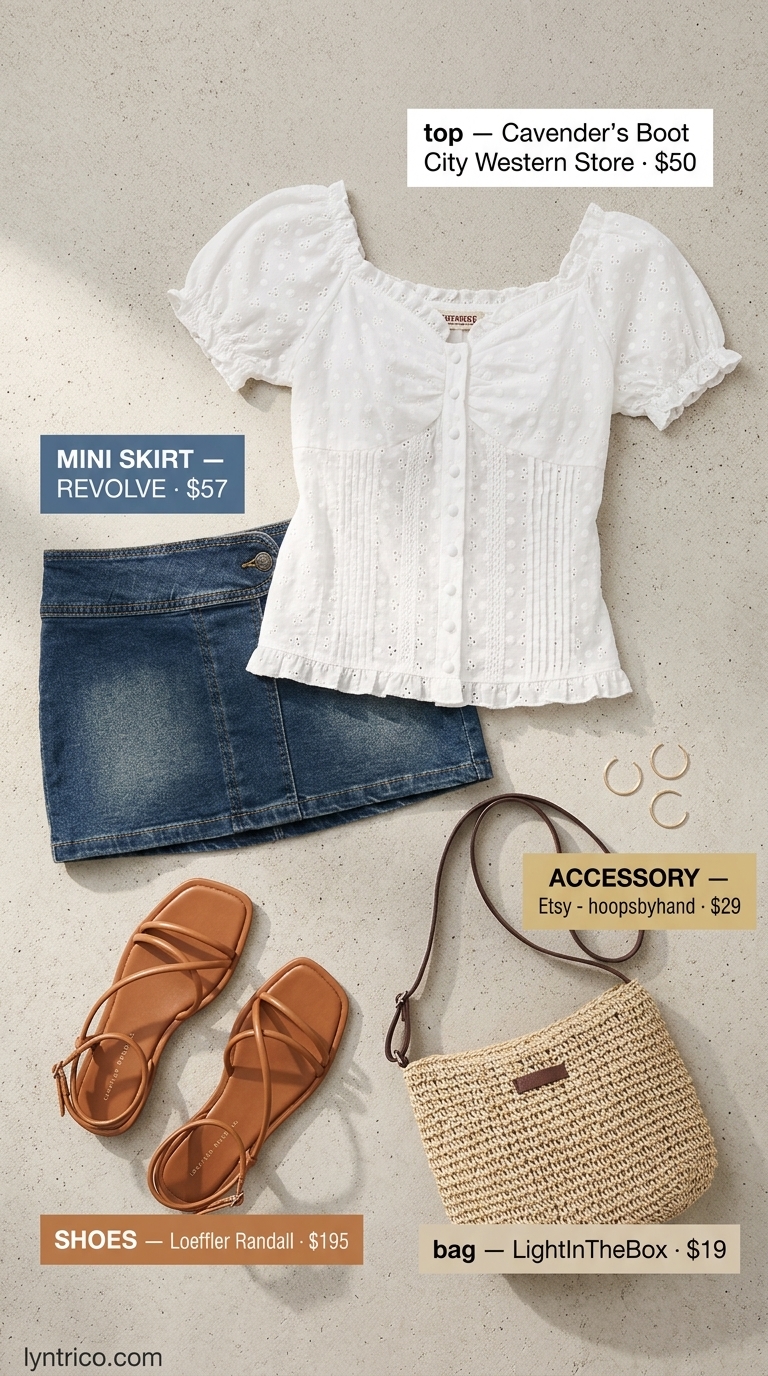 Denim mini skirt with white eyelet blouse and tan sandals for a charming summer day.