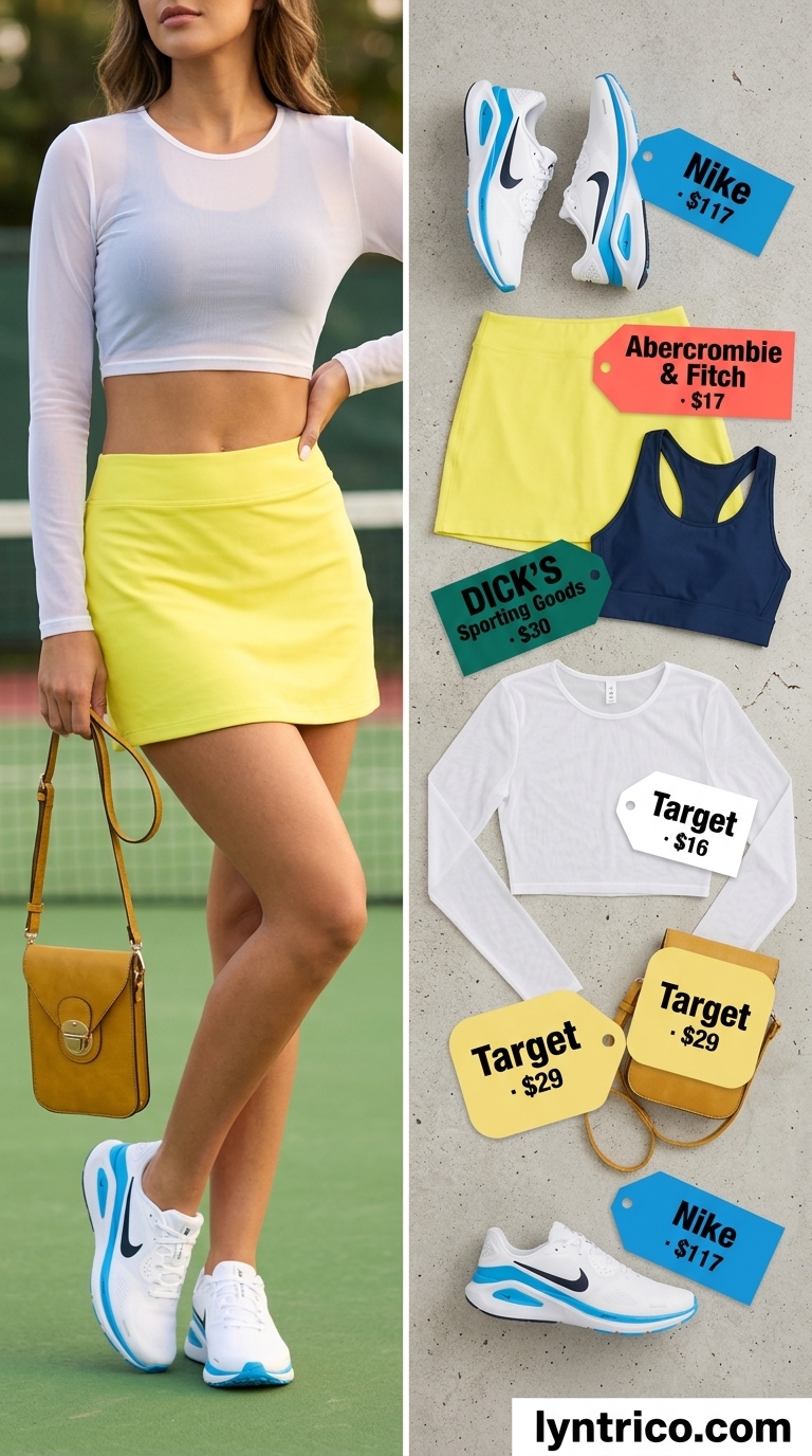 Golden hour court style: bright yellow athletic mini skirt, white sheer overlay top, and athletic sneakers for summer 2026.