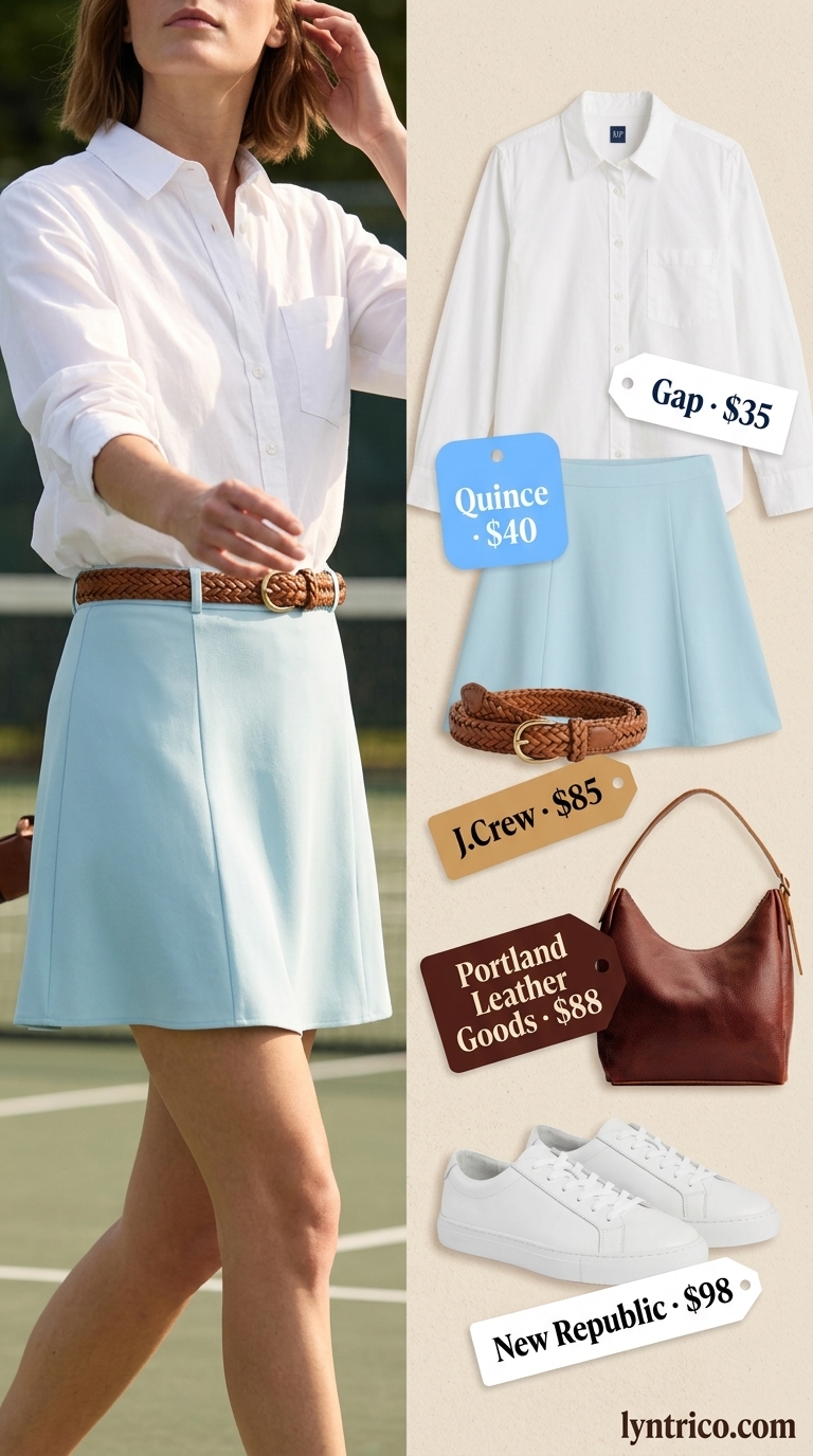 Pastel blue tennis mini skirt with white button-down and tan shoulder bag for a preppy look.