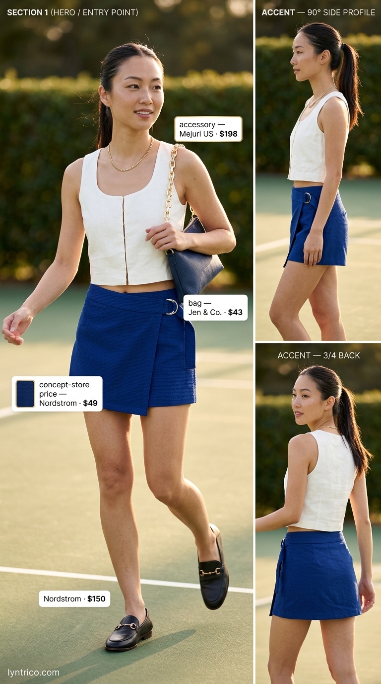 Navy and white linen set with mini skirt and gold accessories for a preppy summer look.