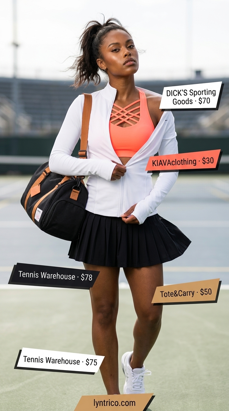 Black tennis mini skirt with coral sports bra and white jacket for an active summer day.