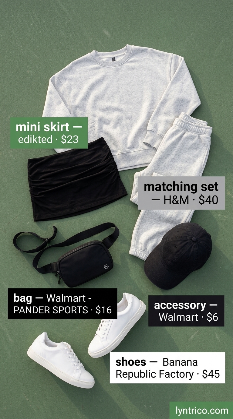 Heather grey sweatshirt and joggers with a mini skirt for a relaxed weekend look. Casual comfort.