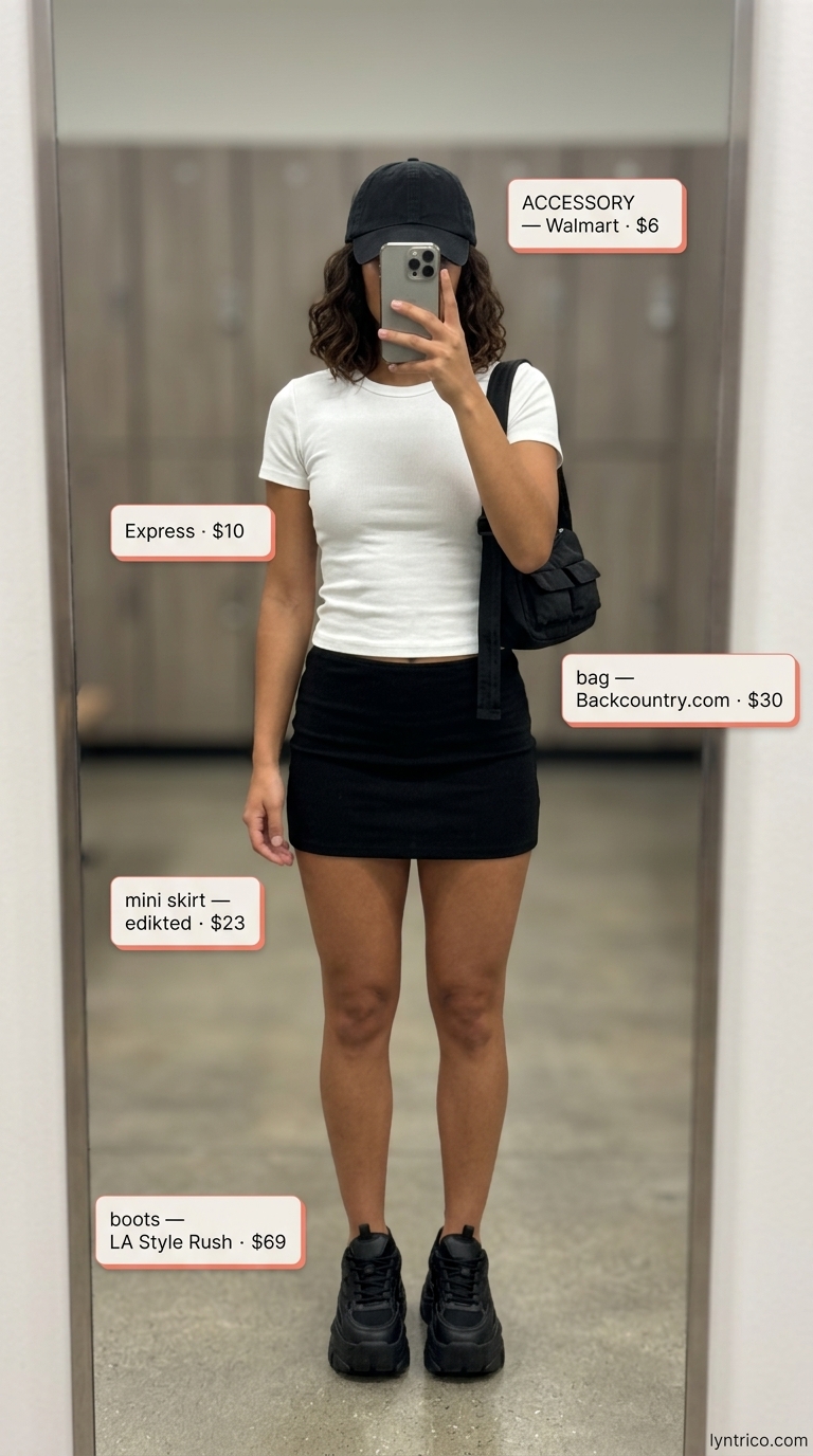 Weekend explorer outfit: olive green tennis mini skirt, white fitted tee, black cap, chunky sneakers, and crossbody bag for summer 2026.