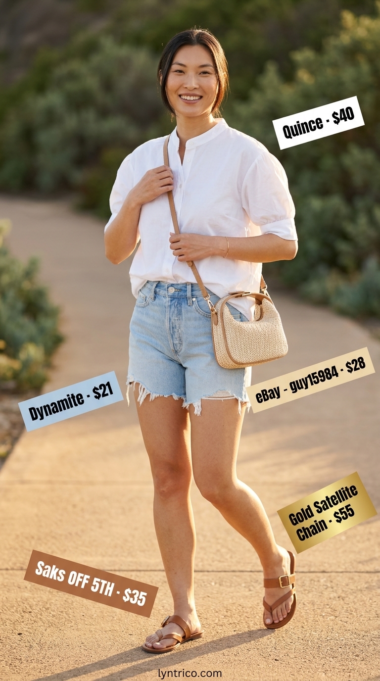 Timeless summer outfit for women over 50 2026: Denim shorts, white puff sleeve blouse, tan sandals & straw bag.